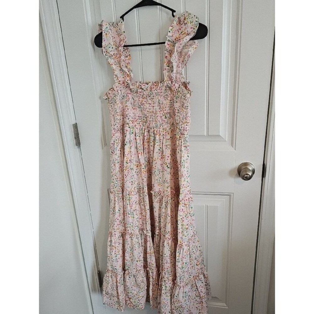 Crown & Ivy Womens Pink Floral Heart Smocked Tiered Ruffle Maxi Dress Medium